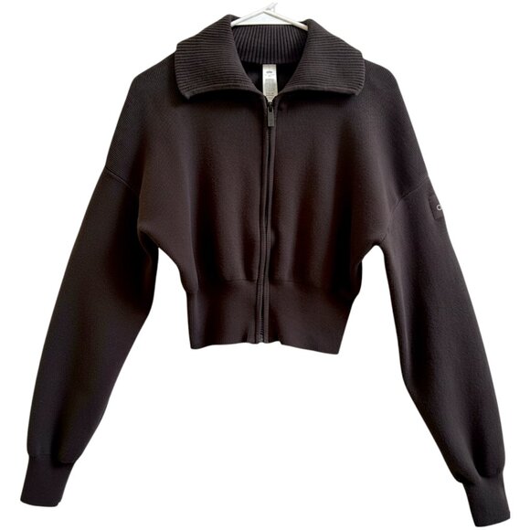 Alo Yoga Scholar Knit Cropped Zip Jacket Espresso Brown Ribbed Knit Sweater XS - Picture 9 of 9